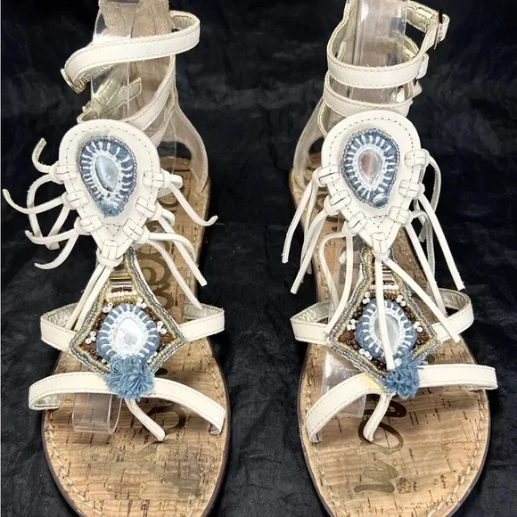 Sam Edelman Anella Beaded Fringe Gladiator Sandals - White/Blue - Size 6 boho - Picture 3 of 6